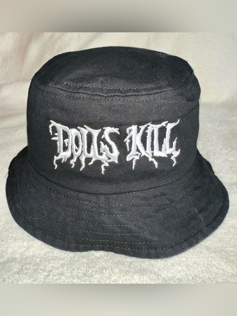 Dolls Kill Black Bucket Hat Goth Heavy Metal White Embroidered Logo One Size